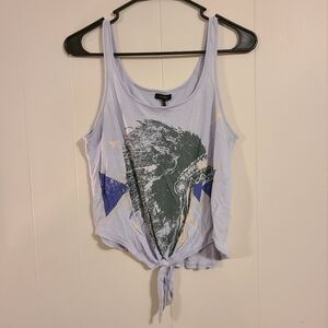3/$10 Nollie baby blue Native American Headdress cropped loose tie front tank